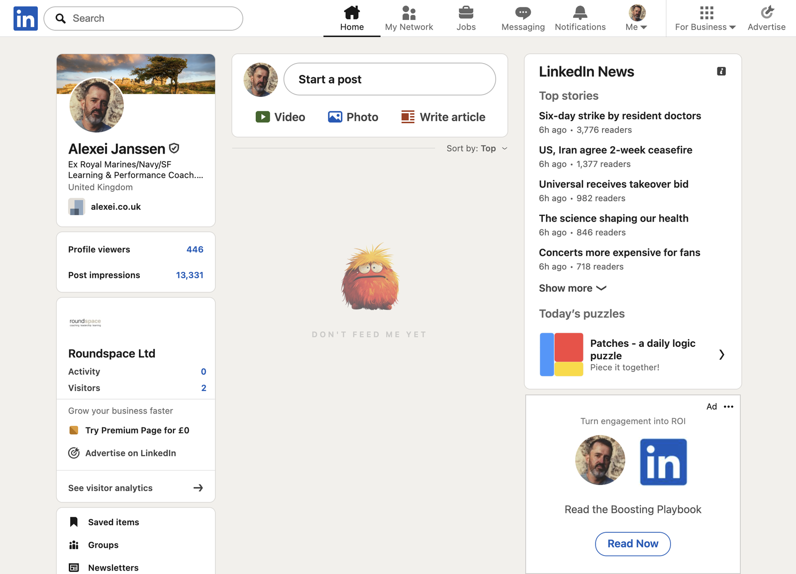 LinkedIn with Don't Feed Me — feed replaced by Grem