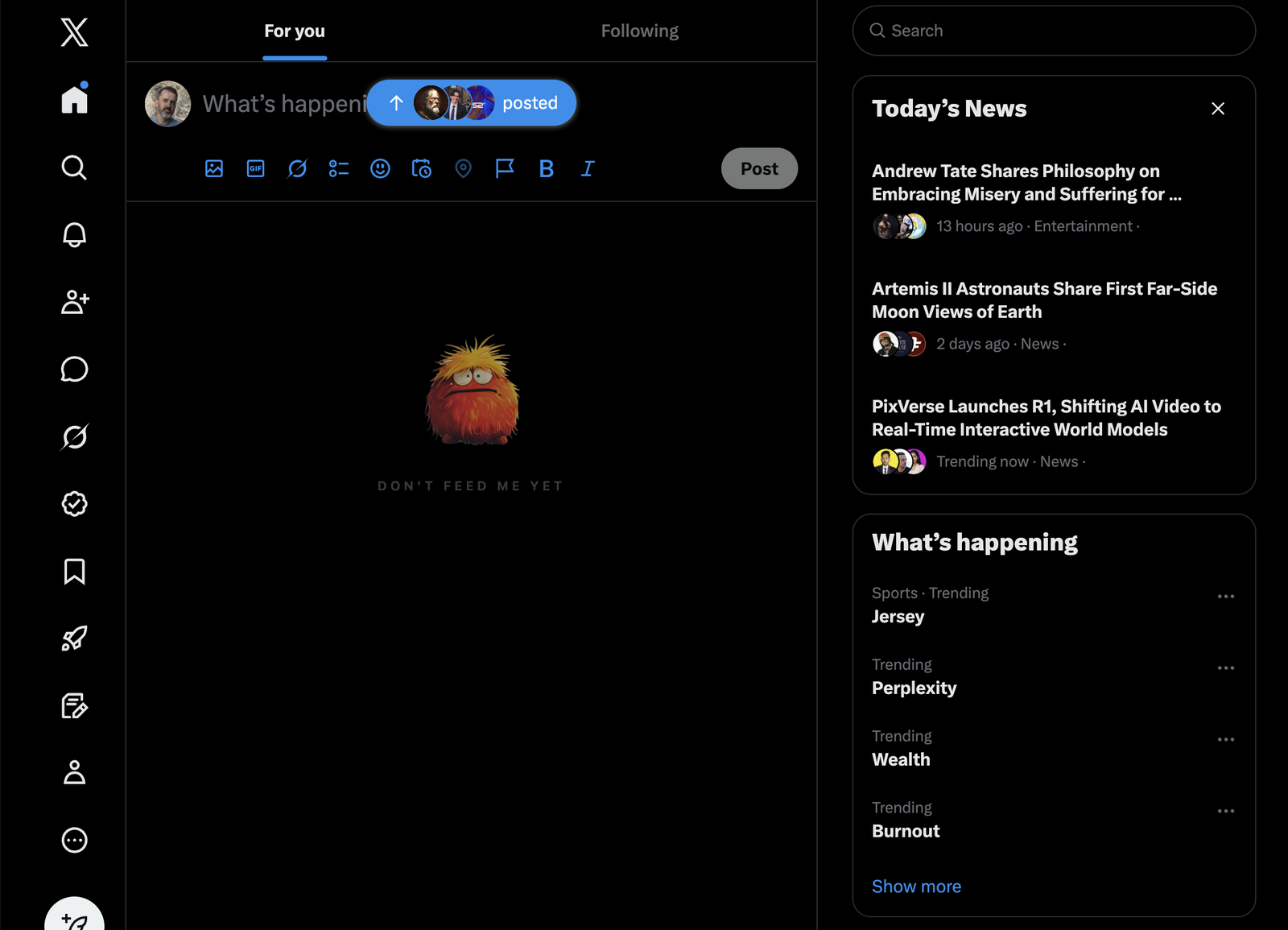 X with Don't Feed Me — timeline replaced by Grem