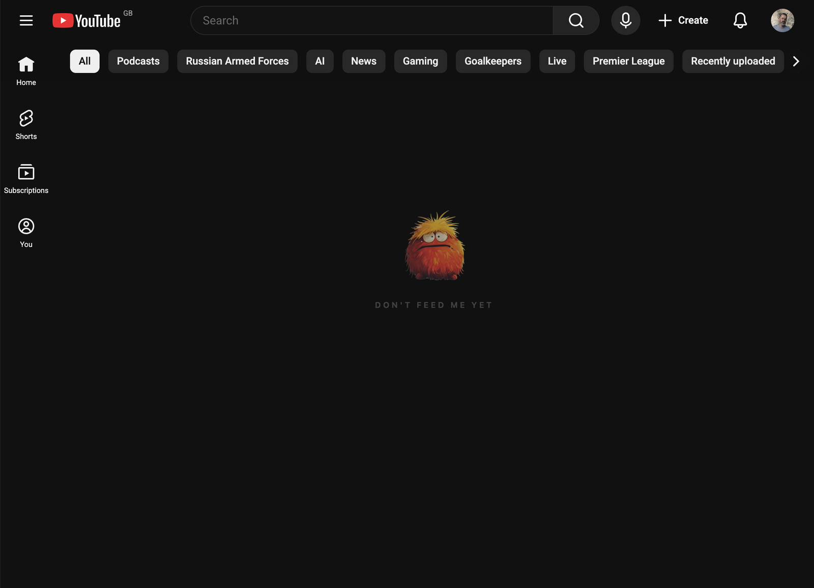 YouTube with Don't Feed Me — homepage feed replaced by Grem