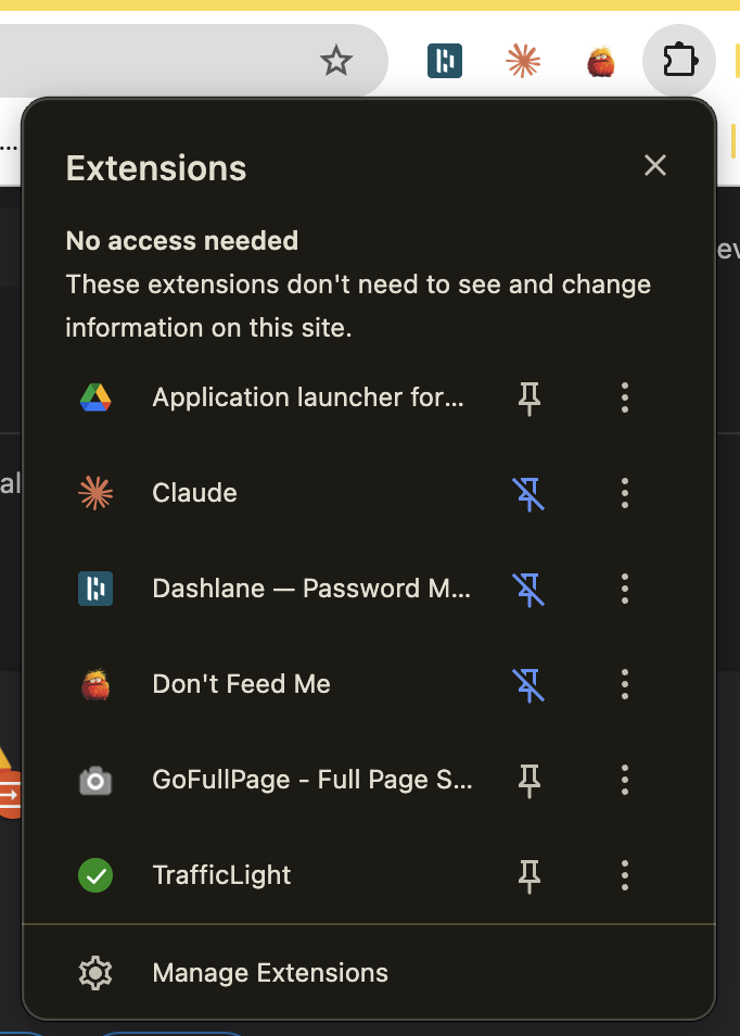 Chrome extensions menu showing the pin icon next to Don't Feed Me