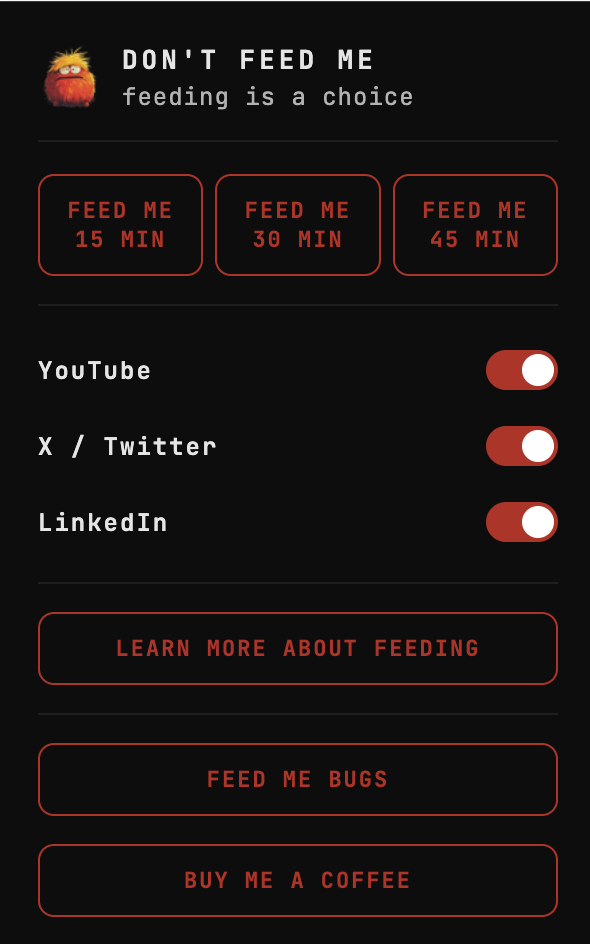 The full Don't Feed Me popup