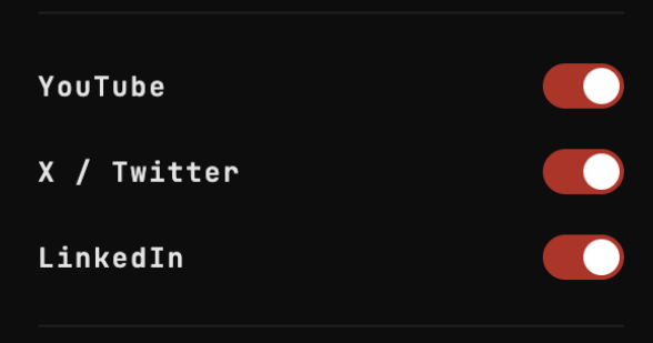 Platform toggles: YouTube, X / Twitter, LinkedIn